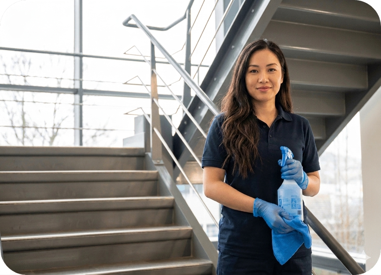 Shining Services cleaner with cloth and spray on a stairwell